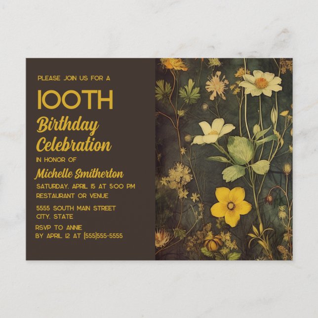 Postal De Invitación Floral Rústica Amarilla Negra 100 cumpleaños (Anverso)