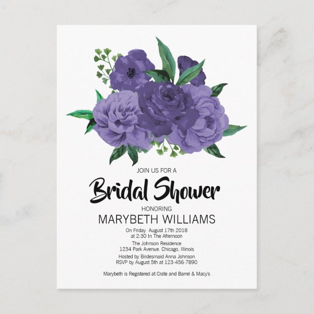 Postal De Invitación Floral Ultra Violeta Púrpura Ducha De Madera (Anverso)
