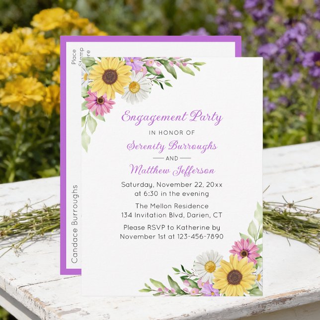 Postal De Invitación Floral Wildflower Sunflower Daisy Engagement Party (Subido por el creador)