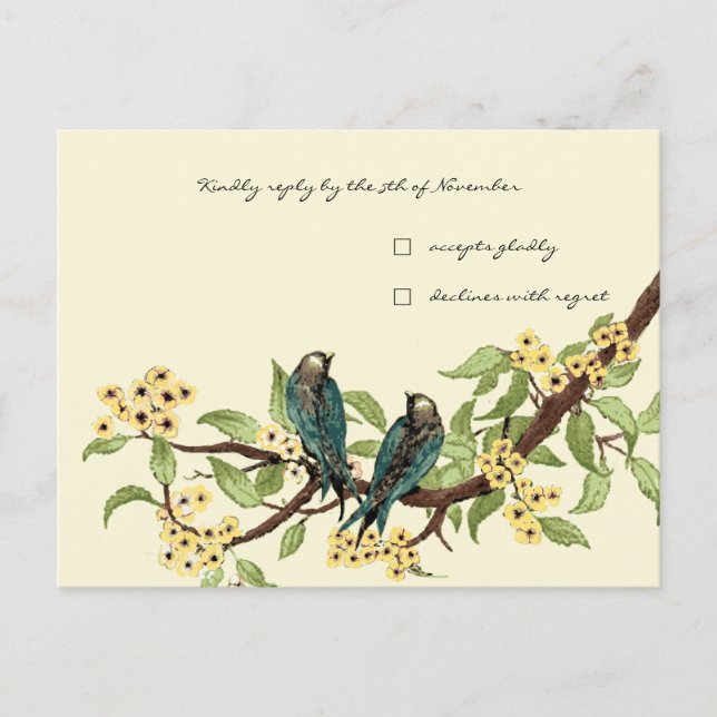 Postal De Invitación Florals amarillas Verde azulada respuesta de aves  (Anverso)
