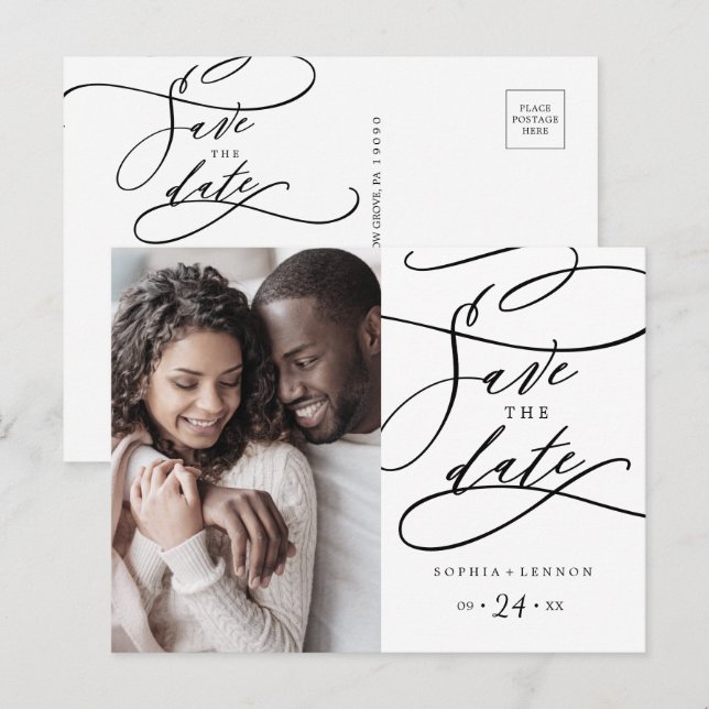 Postal De Invitación Floreciente caligrafía romántica foto Guardar la f (Anverso / Reverso)