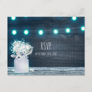 Postal De Invitación Florero de Mason y Luces de Cuerda Azules Rustico