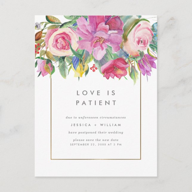Postal De Invitación Flores Acuarela Simples Modernas El Amor Es Pacien (Anverso)
