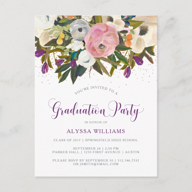 Postal De Invitación Flores acuarelas | Faux Purpurina Graduation Party (Anverso)