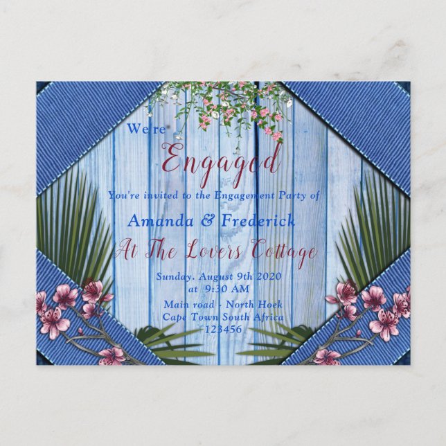 Postal De Invitación Flores artísticas rosadas sobre textura de madera  (Anverso)