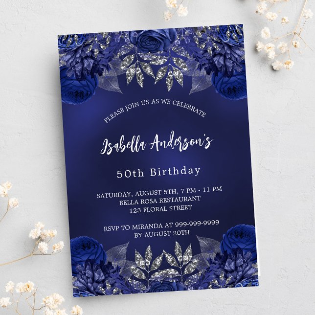Postal De Invitación Flores azul marino de cumpleaños elegante (Subido por el creador)