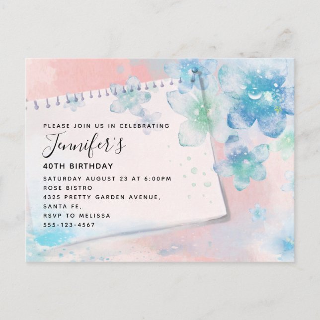 Postal De Invitación Flores azules de bonito en el cumpleaños de fondo  (Anverso)