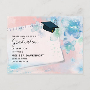 Postal De Invitación Flores azules de bonito en graduación de fondo ros