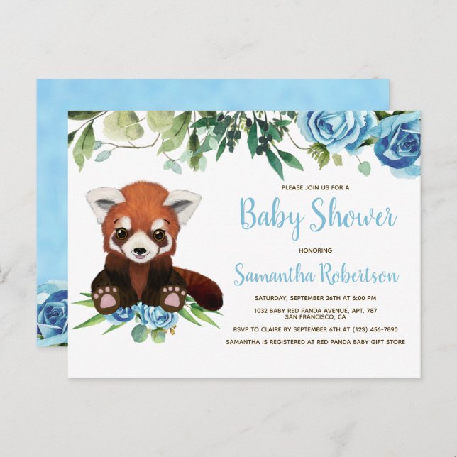 Postal De Invitación Flores azules de oso lindo verde niño Baby Shower (Anverso / Reverso)