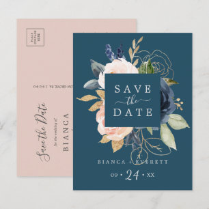 Postal De Invitación Flores azules de Rubor y la marina salvan la tarje