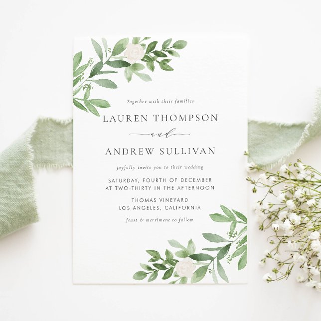 Postal De Invitación Flores blancas acuarelas y Boda de la vegetación (Watercolor White Flowers and Greenery Wedding Invitation Postcard)