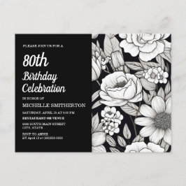 Postal De Invitación Flores blancas negras 80 cumpleaños