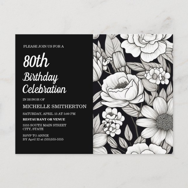 Postal De Invitación Flores blancas negras 80 cumpleaños (Anverso)