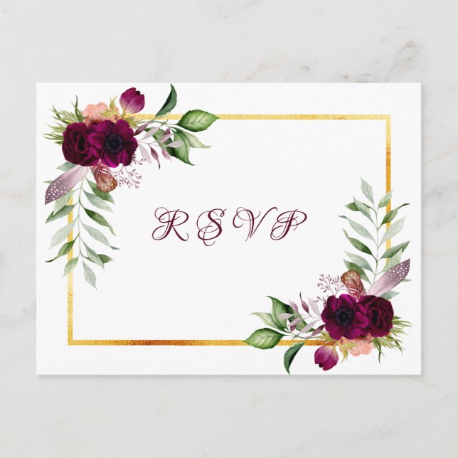 Postal De Invitación Flores blancas RSVP bodas burdeos (Anverso)