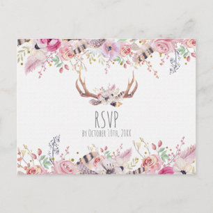 Postal De Invitación Flores Boho Chic Cuerno de Ciervo RSVP Boda Rústic