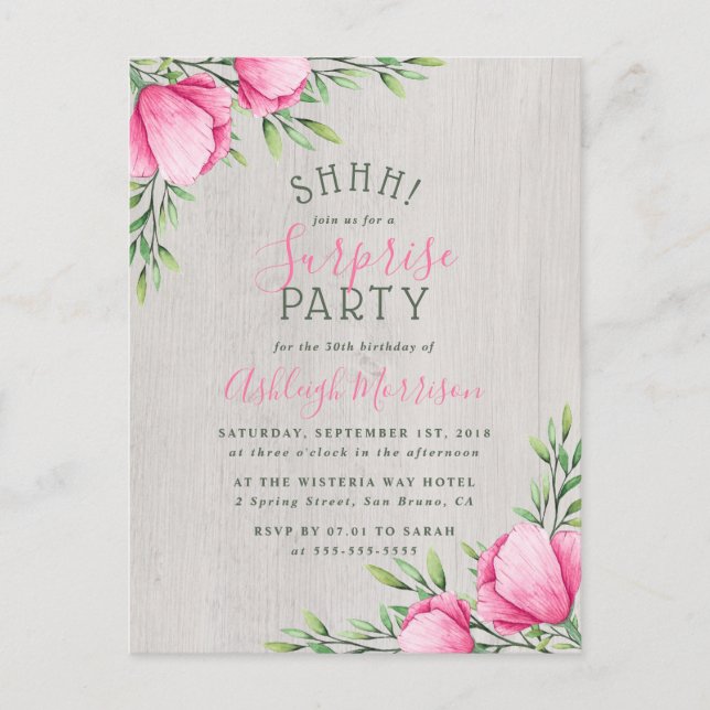 Postal De Invitación Flores de Acuarela Rústica & Madera | Fiesta Sorpr (Anverso)