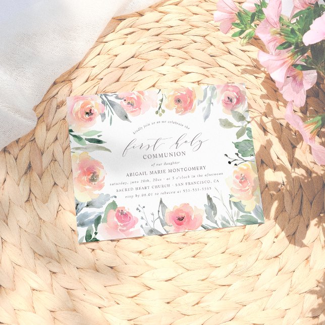 Postal De Invitación Flores de acuarela y oliage primera comunión sagra (Subido por el creador)