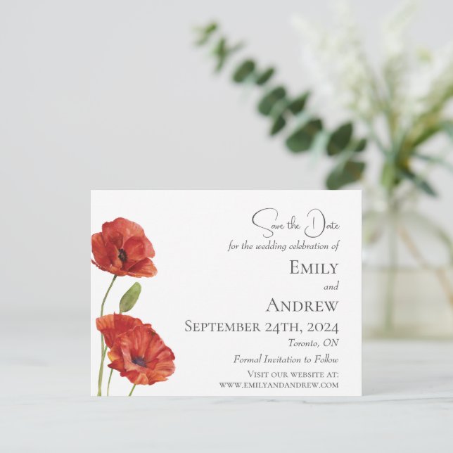 Postal De Invitación Flores de adormidera rojas Boda de acuarela Minima (Anverso de pie)