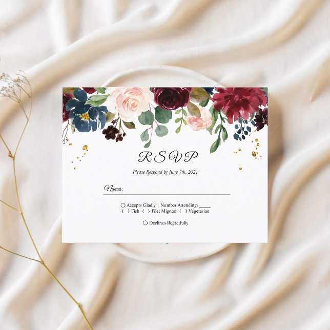 Postal De Invitación Flores de Belleza Burgundy Navy Azul y Rojo Rústic (Subido por el creador)