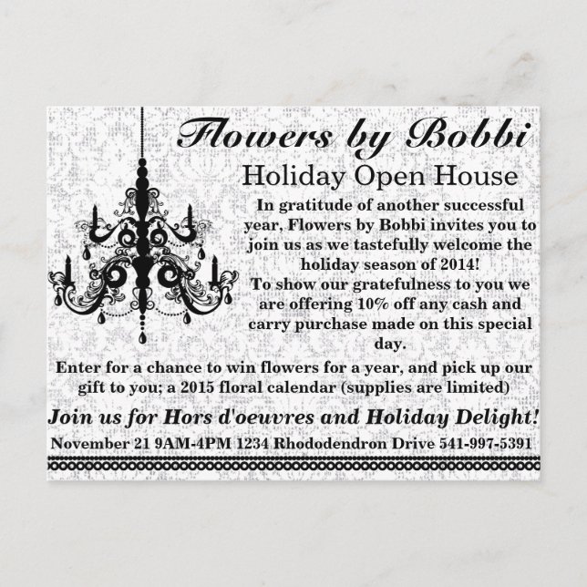 Postal De Invitación Flores de Bobbi Holiday Open House 2014 (Anverso)