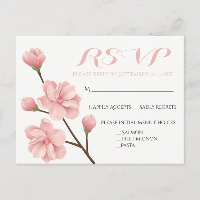 POSTAL DE INVITACIÓN FLORES DE BODA DE PINK RSVP FLORAL CHERRY BLOSSOMS (Anverso)
