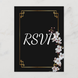 Postal De Invitación Flores de cerezo blanco y marco dorado RSVP