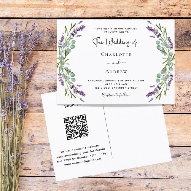 Postal De Invitación Flores de lavanda verde código QR boda RSVP (Subido por el creador)
