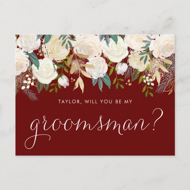 Postal De Invitación Flores De Marfil Blancas Rojas Serás Mi Groomsman (Anverso)