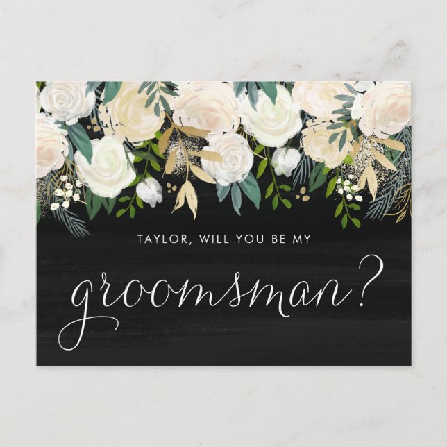Postal De Invitación Flores De Marfil Blancas Rústicas Serás Mi Groomsm (Anverso)