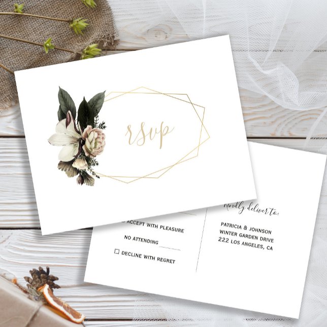 Postal De Invitación Flores de marfil de invierno marco geométrico de o (Subido por el creador)