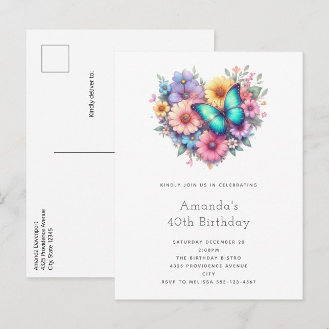 Postal De Invitación Flores de margarita con feliz cumpleaños de una he (Anverso / Reverso)