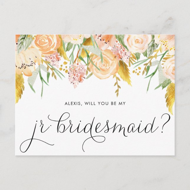 Postal De Invitación Flores De Peach Gold Serás Mi Novia Jr (Anverso)