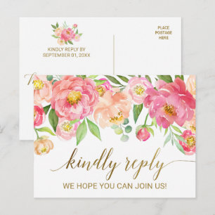 Postal De Invitación Flores de Peonía Rosa y Melocotón RSVP