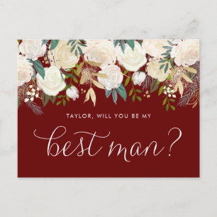Postal De Invitación Flores de suave marfil Rojo ¿Serás mi padrino?