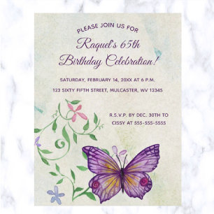 Postal De Invitación Flores editables y cumpleaños de mariposa morada