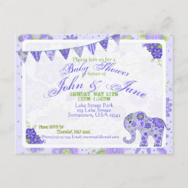 Postal De Invitación Flores elefantes Baby Shower moradas