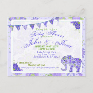 Postal De Invitación Flores elefantes Baby Shower moradas