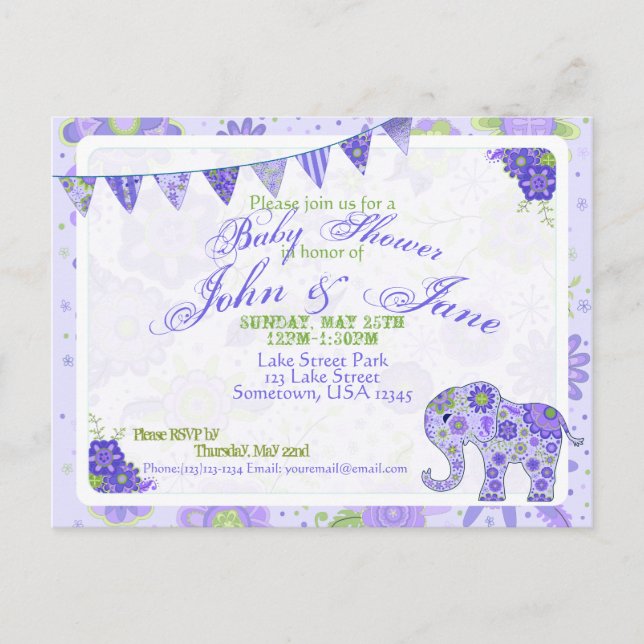 Postal De Invitación Flores elefantes Baby Shower moradas (Anverso)
