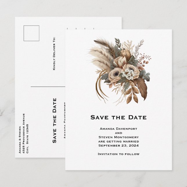 Postal De Invitación Flores elegantes y plumas para salvar la fecha (Anverso / Reverso)