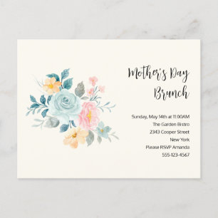 Postal De Invitación Flores estilizadas rosas y azules - Brunch del día