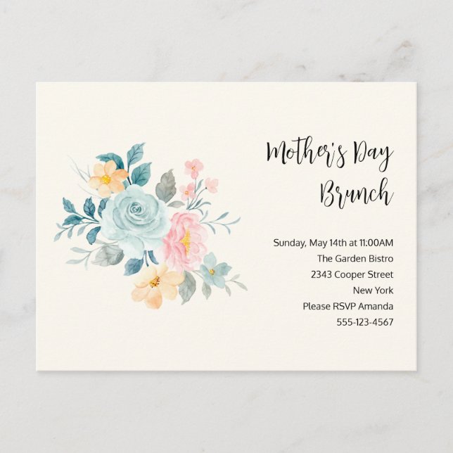 Postal De Invitación Flores estilizadas rosas y azules - Brunch del día (Anverso)