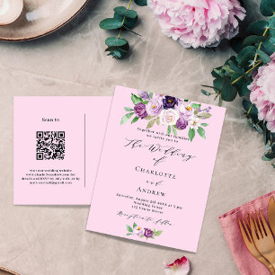 Postal De Invitación Flores moradas rosas detalles del código QR boda R