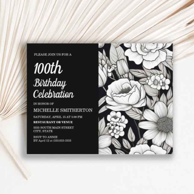 Postal De Invitación Flores Negras Blancas Cumpleaños 100 de Mujer (Black and white floral 100th birthday party invitation)