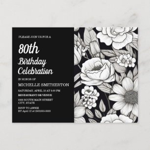 Postal De Invitación Flores Negras Blancas Cumpleaños 80