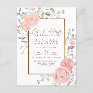 Postal De Invitación Flores pintadas de color rosa Glam Ducha de Novias