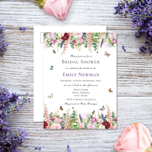 Postal De Invitación Flores románticas y mariposas | Ducha de novia (Subido por el creador)