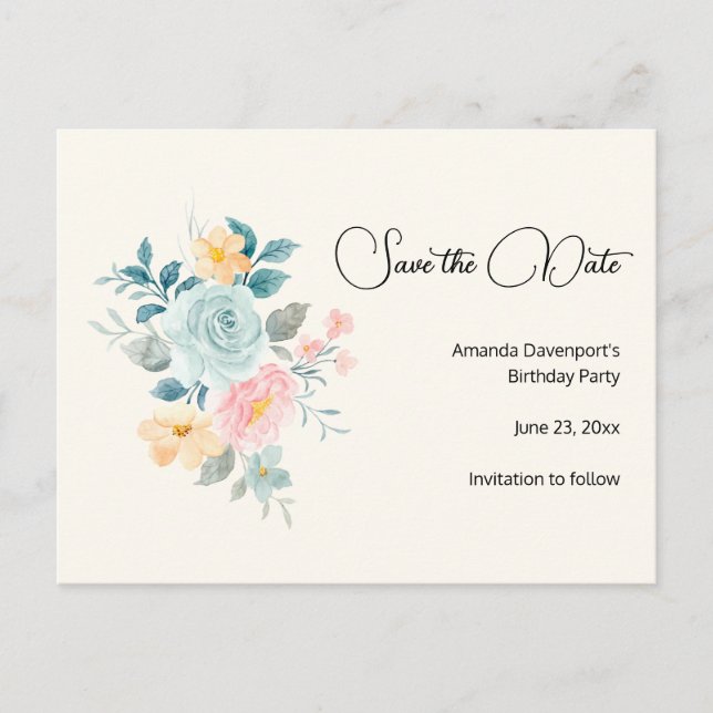Postal De Invitación Flores rosas y azules - Cumpleaños Guardar la fech (Anverso)