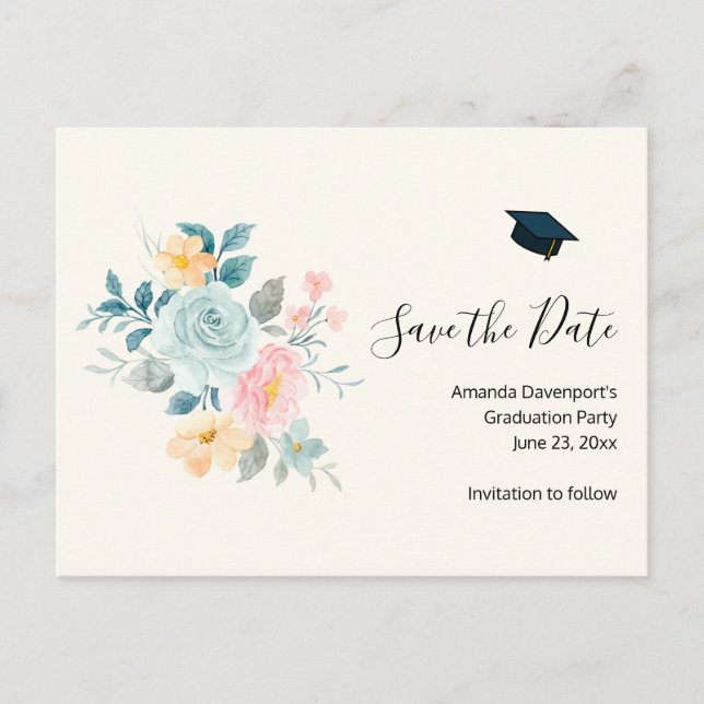 Postal De Invitación Flores rosas y azules elegantes - Grad Save the Da (Anverso)