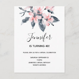 Postal De Invitación Flores rosas y grises acuarela Cumpleaños virtual