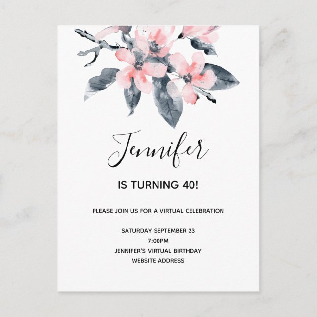 Postal De Invitación Flores rosas y grises acuarela Cumpleaños virtual (Anverso)